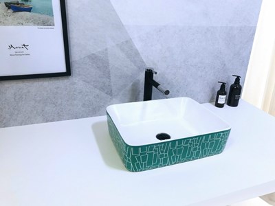 Chậu rửa mặt decor vuông xanh lá